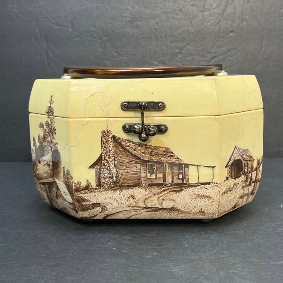 Box Purse Lucite Handle Decoupage Farmstead Latch Closure Homestead Prairie - Picture 1 of 11